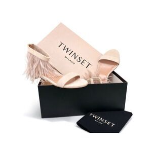 Twin-Set Feather Embellished Suede Leather Sandals Womens 35 EU Blush Pink Flats